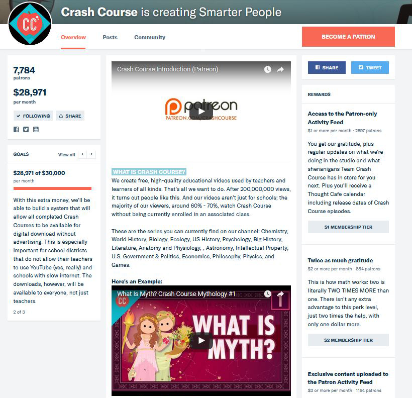 Crash Course's Patreon Page